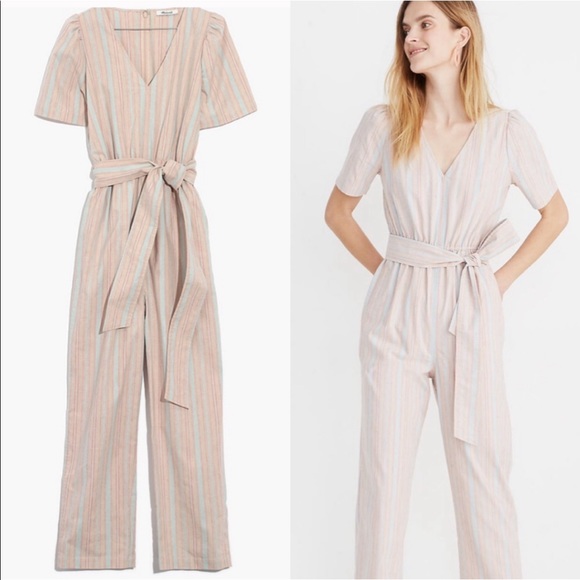 Madewell Pants - Madewell stripe belted short sleeves pink jumpsuit